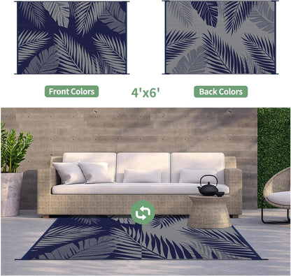 GENIMO Outdoor Rug 4' x 6' Waterproof for Patios Clearance, Reversible Outdoor Plastic Straw Camping Rug Carpet, Large Area Rugs Mats for RV, Camper, Deck, Balcony, Porch, Beach, Picnic Navy Blue&Grey