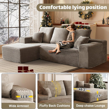 HYJT-H&K Modular Sectional Sofa Cloud Couch, 107" Comfy L Shaped Sectional Couches for Living Room, Deep Seat Memory Foam Plush Fluffy Corduroy Boneless Couch Sectionals Left Facing Sofa Chaise Brown