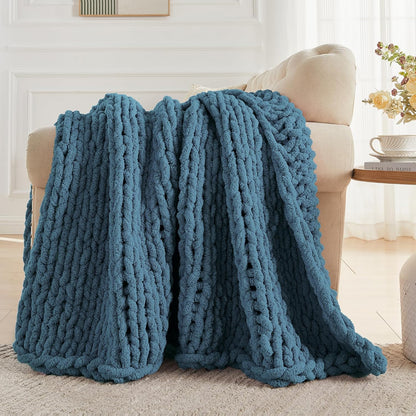 Carriediosa Chunky Knit Throw Blanket 60" X 80" Twin, 100% Hand Made Large Chenille Loop Yarn Soft Fluffy Throws for Couch Sofa Bed, Big Crochet Cozy Heavy Thick Cable Woven Blankets, Lyons Blue