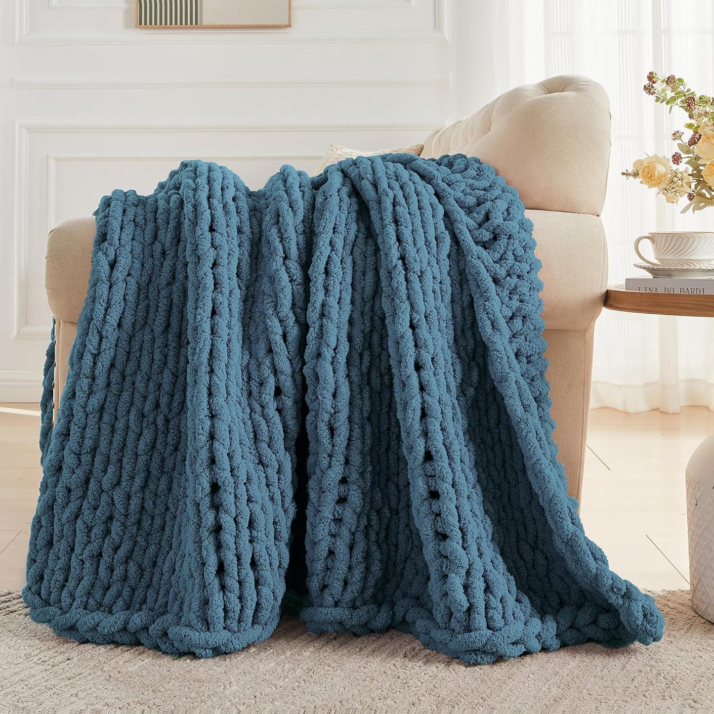 Carriediosa Chunky Knit Throw Blanket 50" X 60", 100% Hand Made Large Chenille Loop Yarn Soft Fluffy Throws for Couch Sofa Bed, Big Crochet Cozy Heavy Thick Cable Woven Blankets, Lyons Blue