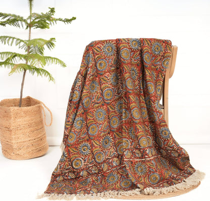 Handmade Cotton Throw Blanket | Floral Block Print in Orange & Navy | 48x70 Inches Fringed Bed Runner | Lightweight Boho Sofa Throw for Couch, Living Room & Bedroom Decor