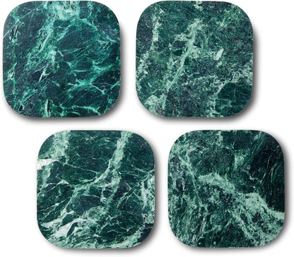 𝐈𝐭𝐚𝐥𝐢𝐚𝐧 Green Marble Coasters – Set of 4 – Square Modern Bar Coasters for Drinks, Coffee –Stone Holder for Home Décor, Housewarming Gifts (Dark Green)