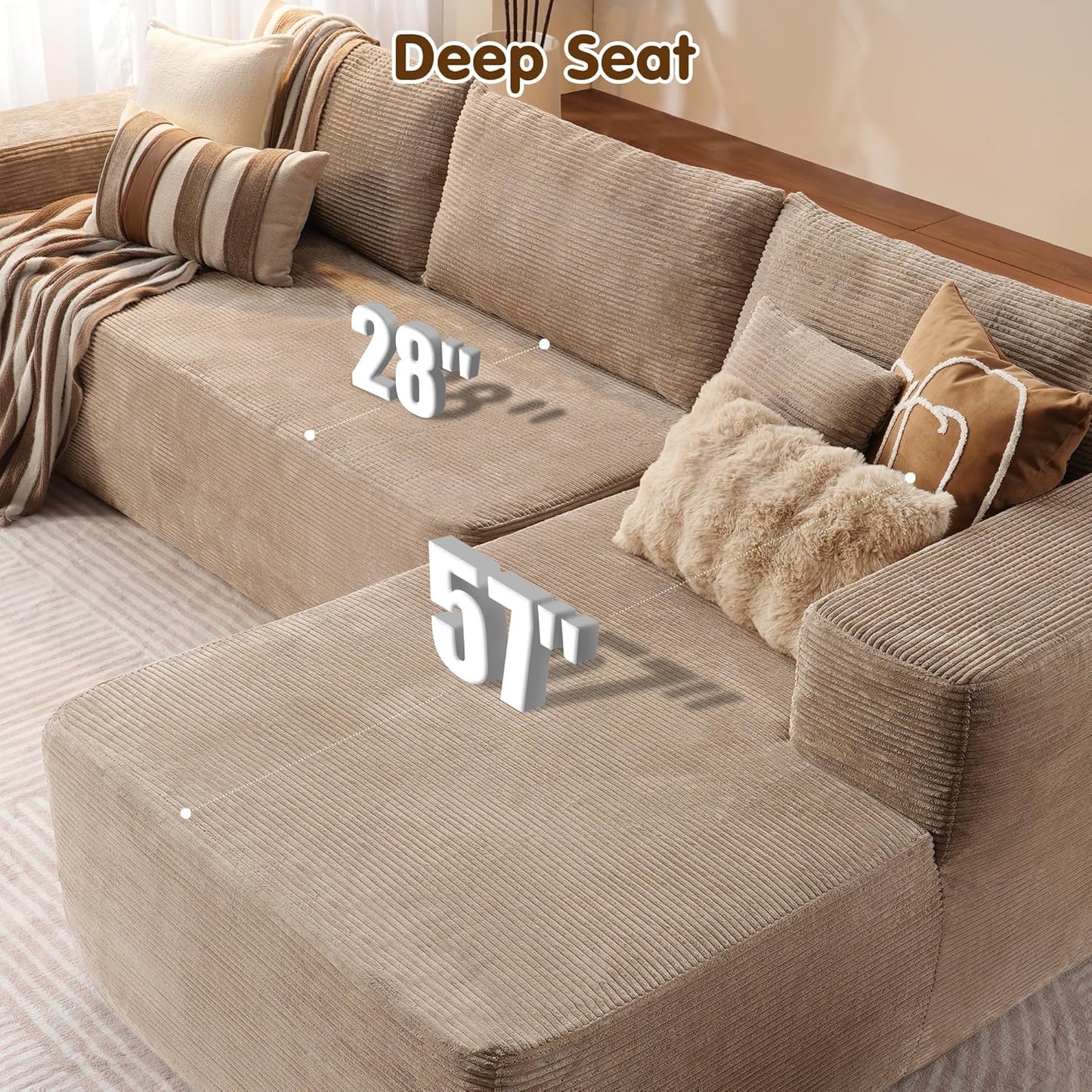ovios 104" Cloud Sectional Couch with L-Shape Chaise,Modern Modular Sofa with Deep Seat, Upholstered Couches for Living Room Bedroom,No Assembly Required, Camel (Corduroy Fabric)