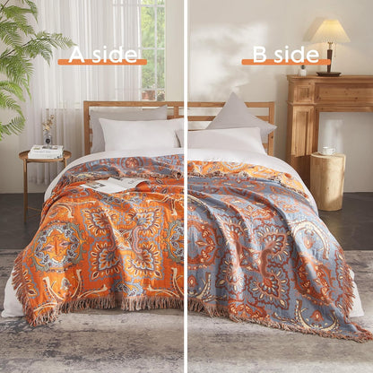 Boho Throw Blanket for Bed 80”x90”, 100% Cotton Woven Blanket for Couch Sofa, Ultra Soft 4-Layer Muslin Quilt with Vintage Floral Printed, Farmhouse Bed Blanket/Cover for Living Room Decor