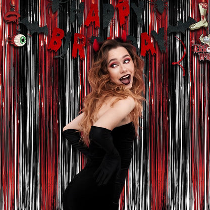 Black Red Party Streamers Backdrop - GREATRIL Foil Fringe Tinsel for Stranger/Friday Party/Halloween Party Decorations - 3.2ft X 8.2ft - 2 Packs