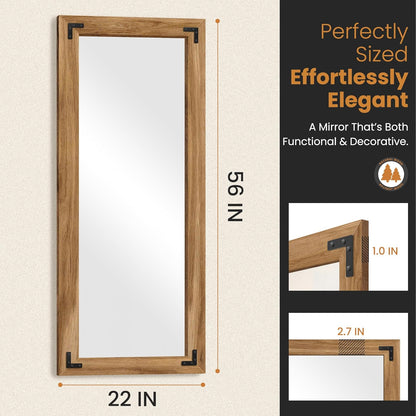 Full Length Mirror with Wooden Frame, 56"X22" Solid Wood Standing Floor Mirror for Farmhouse, Bathroom, Bedroom Decor, Hanging or Leaning Wall-Mounted