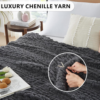 L'AGRATY Chunky Knit Blanket Throw - Soft Throw Blanket 40x50: 100% Hand Kintted Chenile Crochet Throw Blanket for Couch - Large Cable Knit Blanket for Home Decor (Dark Grey)