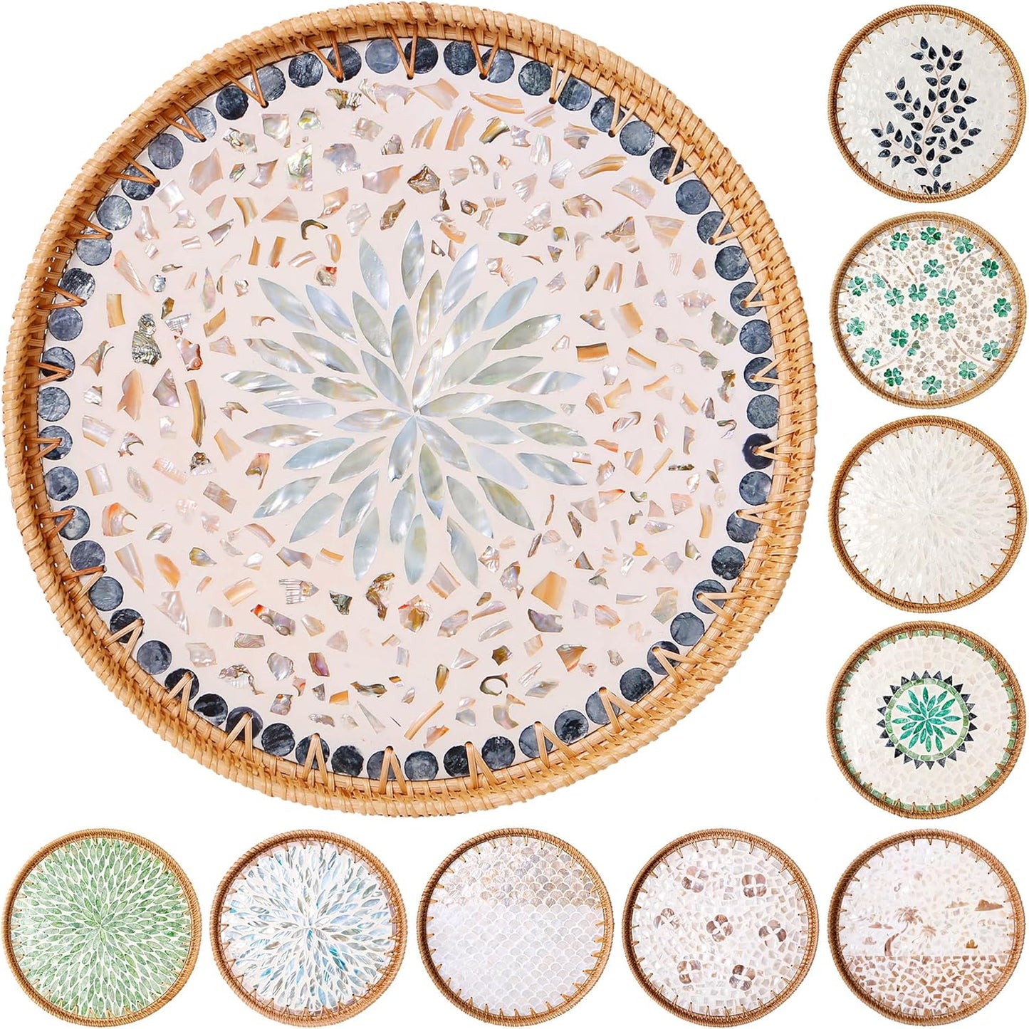 Round Rattan Tray with Mother of Pearl Inlay & Wooden Base - Decorative Wicker Serving Tray for Coffee/Bread/Fruits, Food Storage & Display - Multipurpose Home Decor (L,Blue Shells)