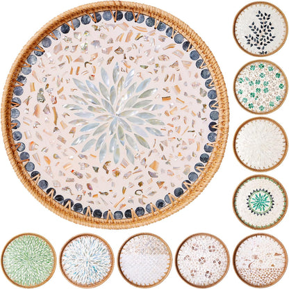 Round Rattan Tray with Mother of Pearl Inlay & Wooden Base - Decorative Wicker Serving Tray for Coffee/Bread/Fruits, Food Storage & Display - Multipurpose Home Decor (L,Blue Shells)