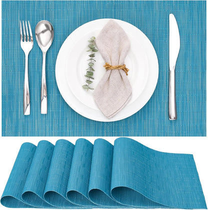 Myir JUN Placemats Set of 6, Vinyl Woven Placemats Place Mats Indoor Washable Table Mats Non-Slip Place mats for Dining Table (Blue, Set of 6)