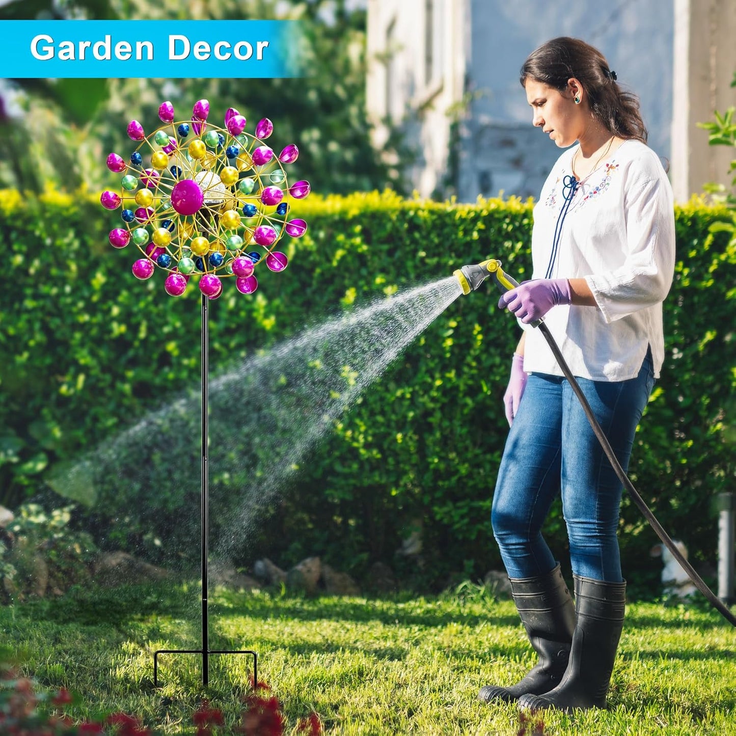 Large Wind Spinners Outdoor Solar Garden Decor Light - Unique Ferris Wheel Shaped Colorful Windmill, Durable Waterproof Design for Garden, Lawn, Patio