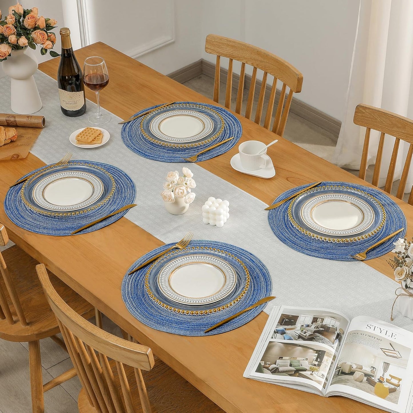 Leetaltree Round Placemats Heat and Slip Resistant Cotton Table Mats, Washable Bohemian Placemats for Dining Tables (Denim Blue, Set of 12)