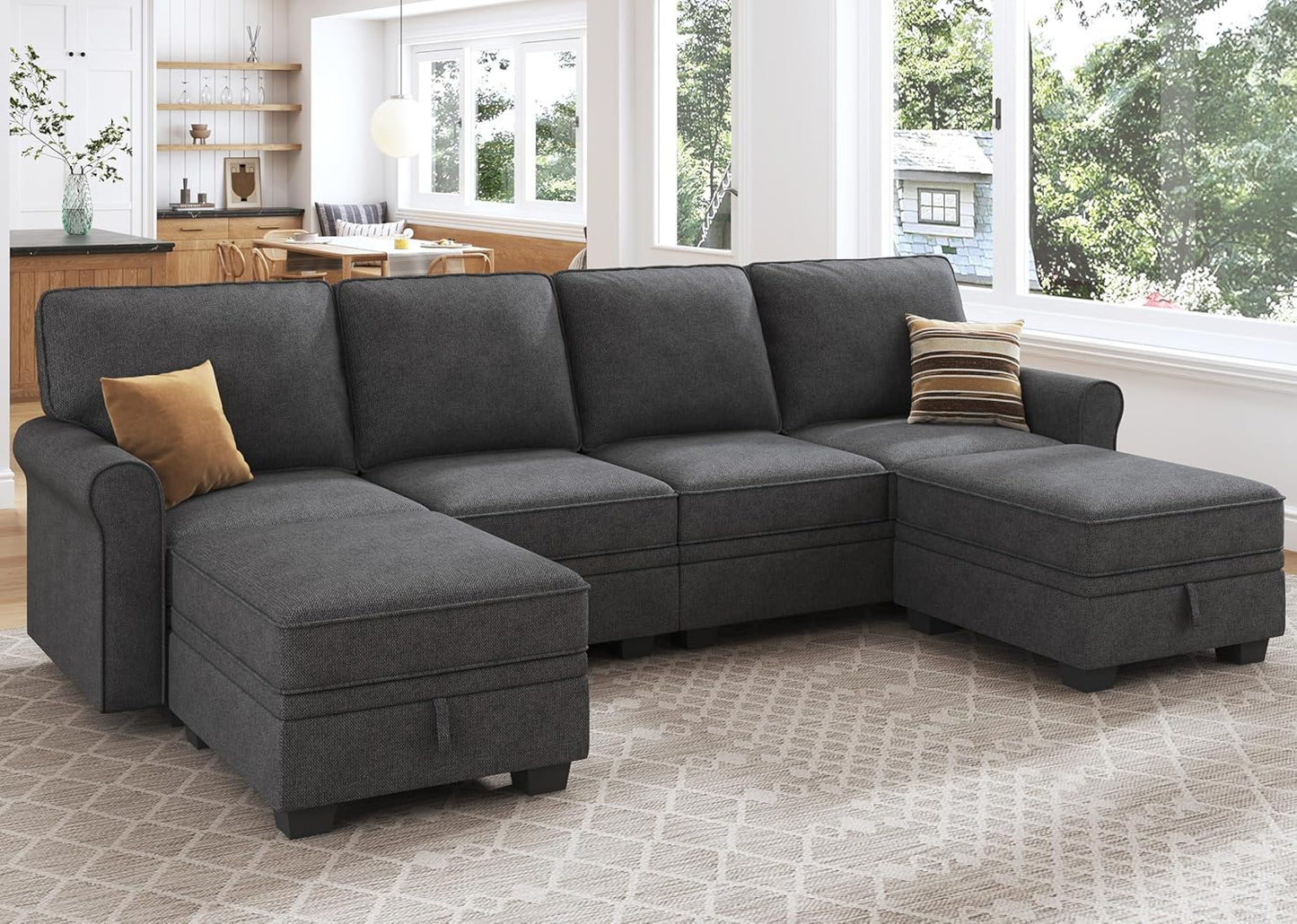 HONBAY Sectional Sofa with Storage Seat U Shaped Couch with Reversible Chaise Convertible Sectional Couches for Living Room,Dark Grey