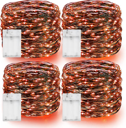 Dazzle Bright Orange Fairy String Lights, 4 Pack Total 80FT 240LED Copper Wire Battery Operated Waterproof Lights, Halloween Decorations for Indoor Home Outdoor Patio Yard Party Decor