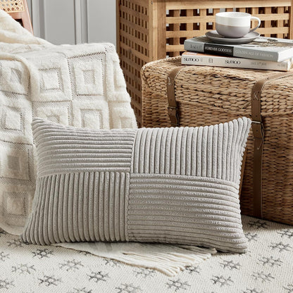 Fancy Homi 2 Packs Neutral Grey Lumbar Decorative Throw Pillow Covers 12x24 Inch for Living Room Couch Bed Sofa, Farmhouse Home Decor, Soft Striped Corduroy Rectangle Accent Cushion Case 30x60 cm