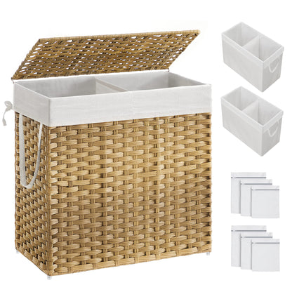 SONGMICS Laundry Hamper with Lid, 130L Double Wicker Basket, 6 Mesh Bags