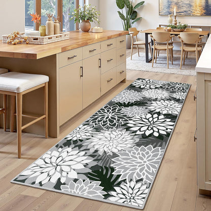 Area Rug 2x6 Black White Washable Entry Rug Multicolored Tropical Botanical Modern Floral Indoor Kitchen Door Mat Entrance Carpet Non Slip for Bedroom Living Room, Porch