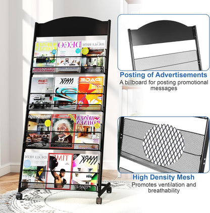 Brochure Display Stand 4 Layer Floor-Standing Magazine Rack Literature Newspaper Catalog Display Holder with Wheels and Top Billboard for Exhibitions,School, Hotel, Hospitals, Offices (Black)
