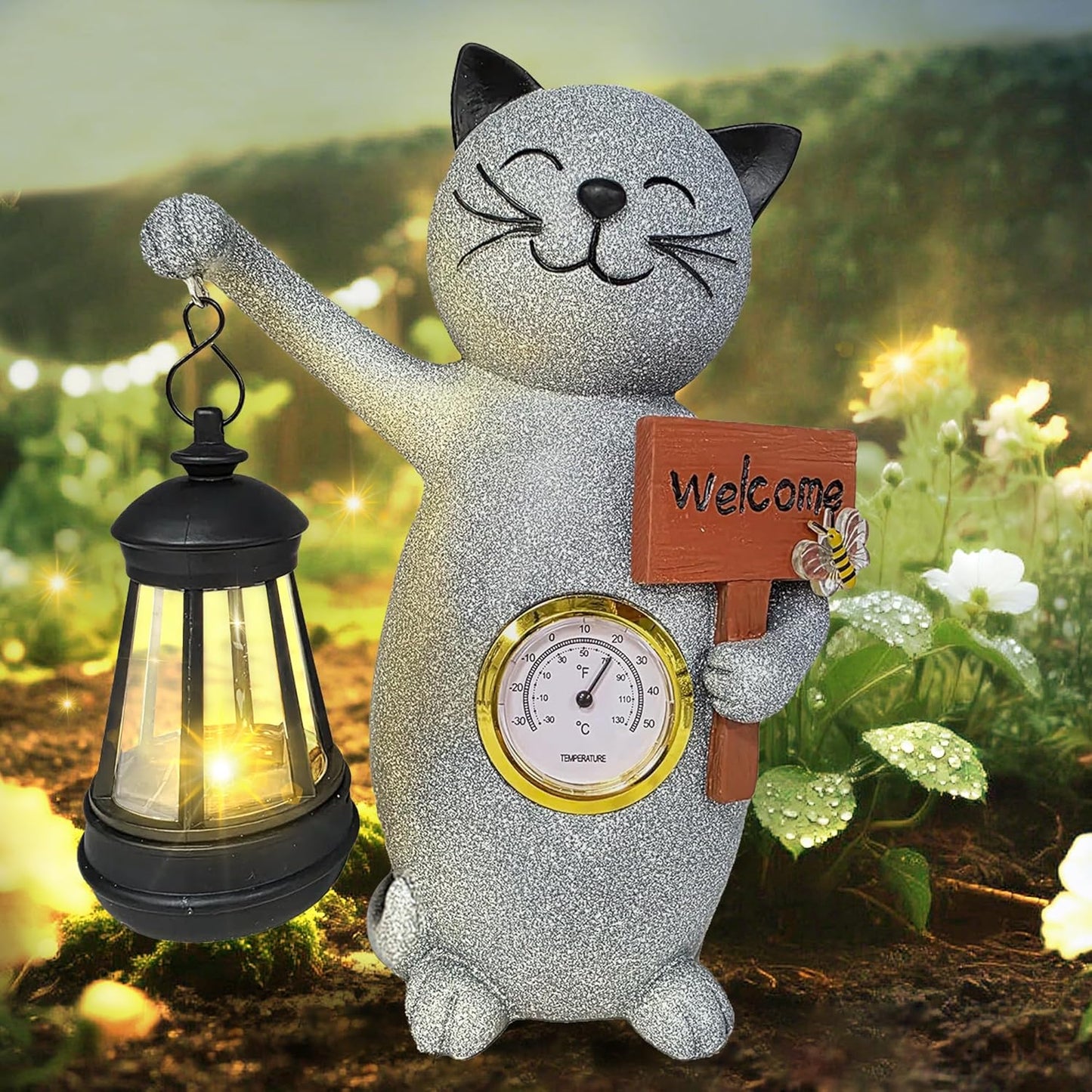 Solar Cat Outdoor Statues for Garden-Creative Thermometer-Lantern-Welcome Sign, Suitable for Yard Art, Lawn Ornaments, Porch, Terrace, Alcove, Home, House Outdoor, Cat Garden Decoration