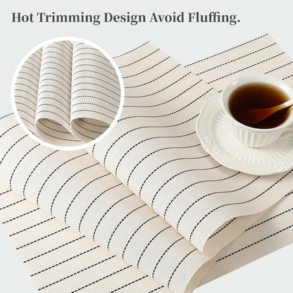 Leetaltree White with Black Stripes Placemats Set of 12 - Heat Resistant Non-Slip Place mats for Dining Table, Washable Durable PVC Vinyl Woven Table Mats（White Stripes, 12）