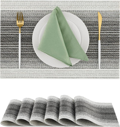 Leetaltree Black with White Woven Placemats Set of 6 - Heat Resistant Non-Slip Place mats for Dining Table, Washable Durable PVC Vinyl Woven Table Mats(Black with White, 6)