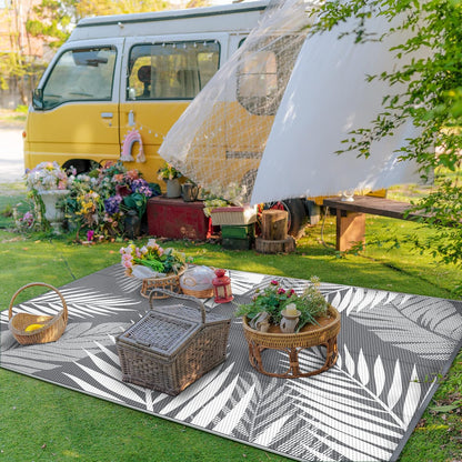 GENIMO Outdoor Rug 9' x 12' Waterproof for Patios Clearance, Reversible Plastic Straw Camping Carpet, Large Area Rugs Mats RV, Picnic, Backyard, Deck, Balcony, Porch, Beach, Grey&White