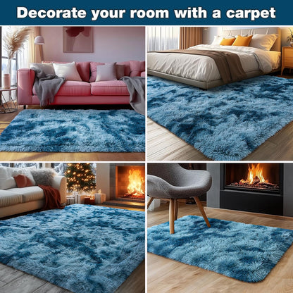 Rezutan Fluffy Rug for Living Room Bedroom, Soft Large Comfy Modern Shaggy Fuzzy Plush Indoor Nursery Home Decor Bedside Rug with Non-Slip Bottom, Tie Dye Peacock Blue Rugs, 8X10 Feet