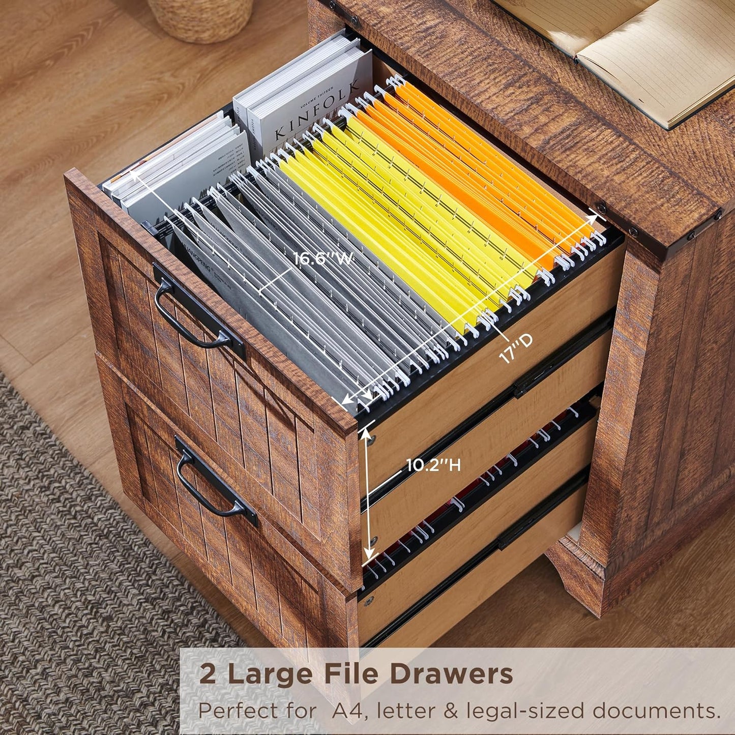 RedLemon Bookcase with 2 File Drawers, 72" Tall Farmhouse Bookshlef with Storage and Adjustable Shelves, 4 Tier Rustic Wood Bookshelf with Cabinet for Office, Living Room (Reclaimed Barnwood Color)