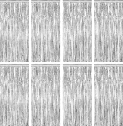 8 Pack Silver Backdrop, 3.28 FT x 7.05 FT Birthday Backdrop, Metallic Silver Tinsel Curtain Disco Party Streamer, Bachelorette Party Decorations Birthday Photo Booth Props
