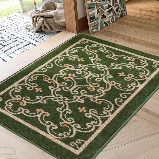 BEQHAUSE Dirt Trapper Door Mat 32" x 48", Non-Slip Entryway Rugs Washable, Floor Mat Stain Resistant and Absorbent Welcome Mat for Front Back Door, Muddy Wet Shoes & Paws, Green and Vining Floral