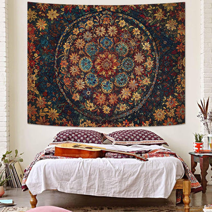 Fowocu Boho Floral Mandala Tapestry Wall Hanging Vintage Bohemian Flower Medallion Tapestry Aesthetic Orange Stained Glass Hippie Small Tapestries for Bedroom Living Room Dorm Decor 40 x 30 Inch