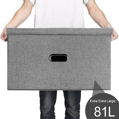 Large Linen Fabric Foldable Storage Bins with Removable Lid and Handles, Washable Storage Box Organizer Containers Baskets Cube with Cover for Bedroom,Office(Black, XXL)