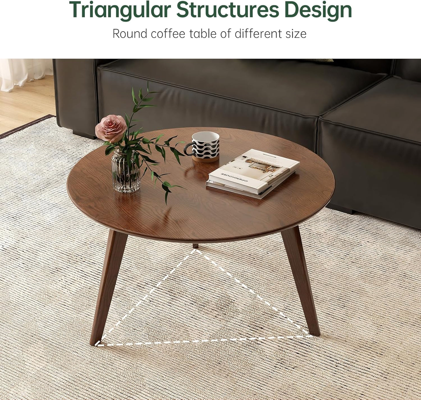 100% Solid Oak Wood Coffee Table Set, Round Coffee Table Combo Side Table w/Solid Wood Legs, Mid Century Table Sturdy Tables for Bedroom Balcony Living Room (Walnut, Big-Medium Combo)