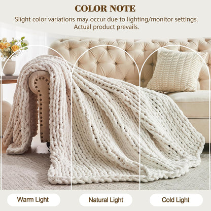 Carriediosa Chunky Knit Throw Blanket 60" X 80" Twin, 100% Hand Made Large Chenille Loop Yarn Soft Fluffy Throws for Couch Sofa Bed, Big Crochet Cozy Heavy Thick Cable Woven Blankets, Cream White