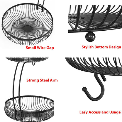 Simple Houseware 2-Tier Countertop Fruit Basket with Banana Hanger, Black