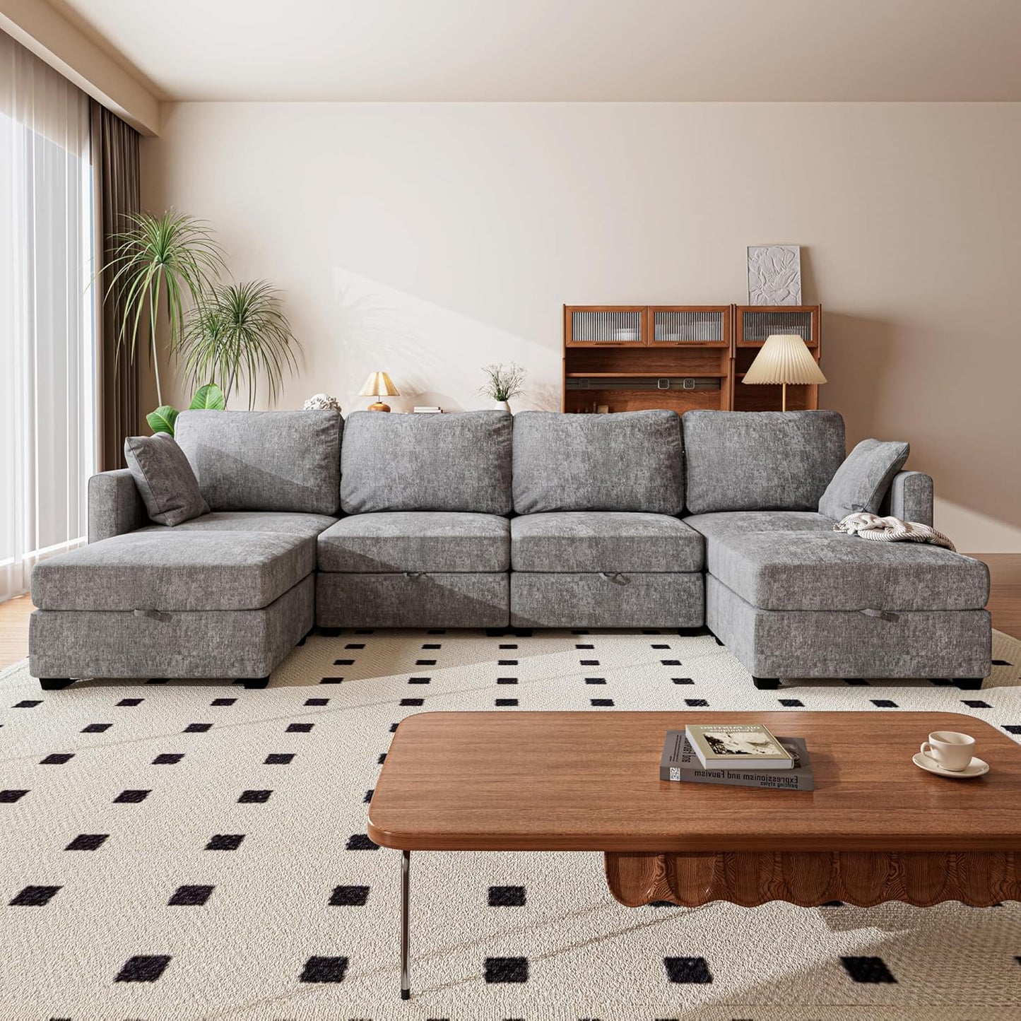 mestyl Modular Sectional Sofa Convertible U Shaped Sofa Couch Set with Storage for Living Room, Modern 4 Seater Modular Sectional Couch with 2 Movable Ottoman (Grey)