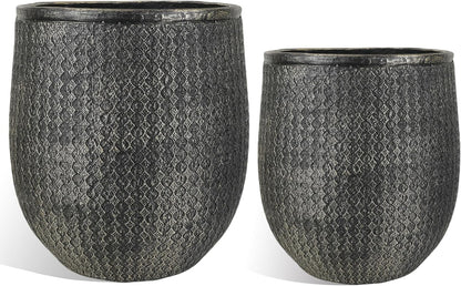 Worth Garden Large Round Planters Set of 2 (14.5"x17.5" & 12" x15“) - Lightweight Magnesium Oxide Cement Plant Pot with Texture - Concrete Look with Drainage Hole – Indoor & Outdoor Use - Black Gold