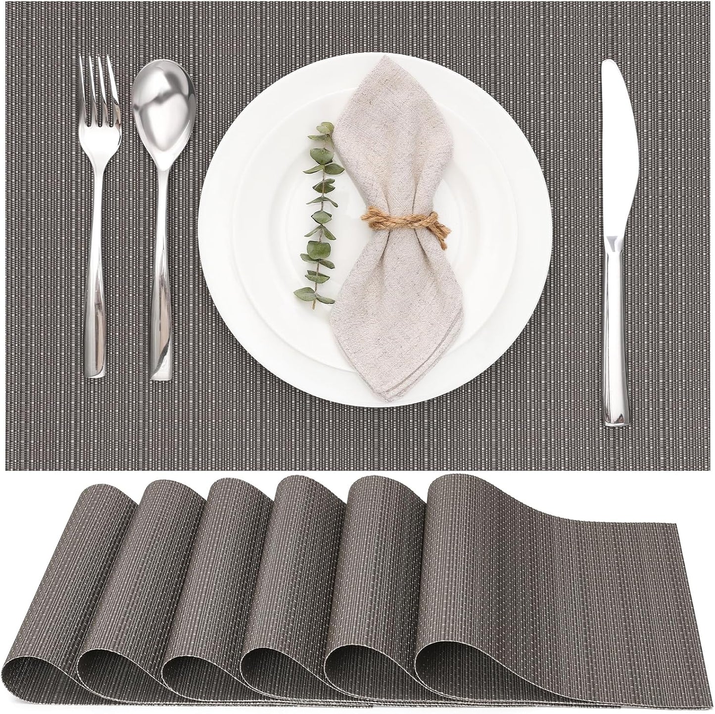 Myir JUN Placemats Set of 6, Vinyl Woven Placemats Place Mats Indoor Washable Table Mats Non-Slip Place mats for Dining Table (Dark Gray, Set of 6)