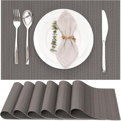 Myir JUN Placemats Set of 6, Vinyl Woven Placemats Place Mats Indoor Washable Table Mats Non-Slip Place mats for Dining Table (Dark Gray, Set of 6)