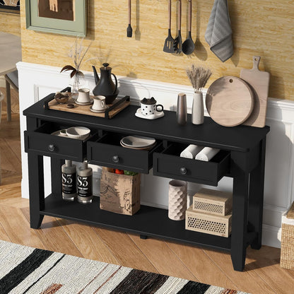 Farmhouse Modern Console Table 55.4-Inch Entryway Sofa Table with Drawers & Storage Shelf for Living Room Hallway Entrance, Black