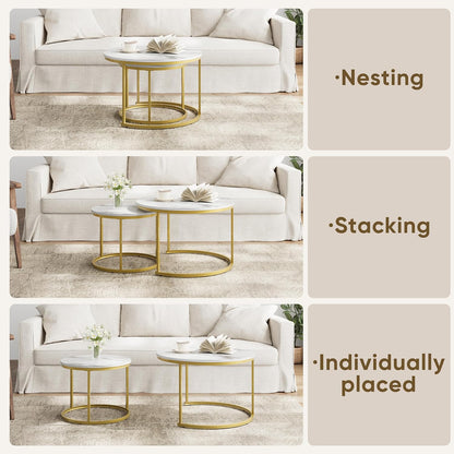 Smuxee White Nesting Coffee Table Set of 2, 27.6" Round Coffee Table Wooden Marble Pattern with Adjustable Non-Slip Feet, Industrial End Table for Living Room Bedroom Balcony