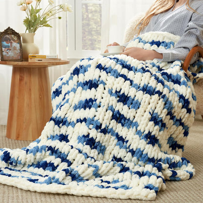 Amélie Home Chunky Knit Throw Blanket for Couch, Soft Chenille Crochet Blanket for Sofa, 50"x60", Space-Dyed Blue Striped