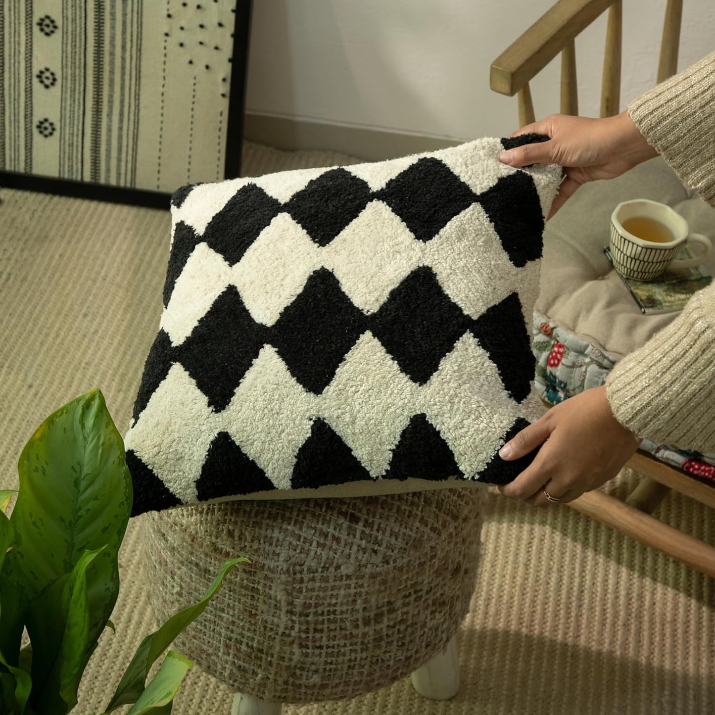 Tufted Boho Pillow Covers 18X18 Inch Throw Pillow Covers Decorative Cushion Cover Exquisitely Crafted with Hand-Finished Tuft Farmhouse Pillow Case for Couch Sofa Bed Living Room Bedroom