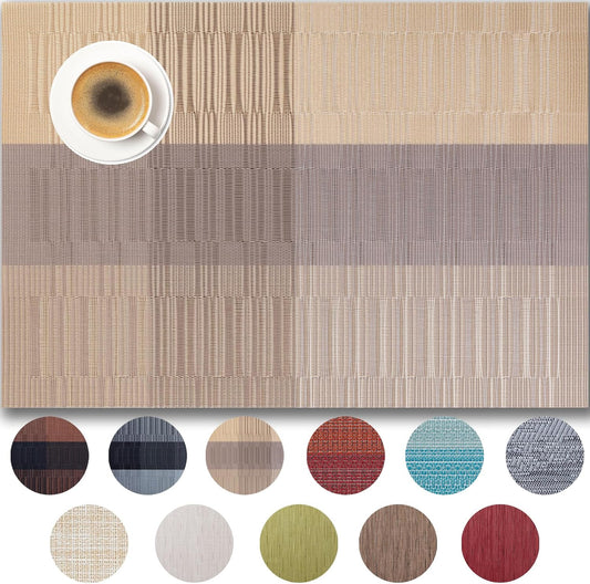 Placemats Set of 6 - Easy Clean Woven Vinyl Placemats for Dining Table, Indoor/Outdoor Place Mats, Washable PVC Table Mats （Gold Dune）