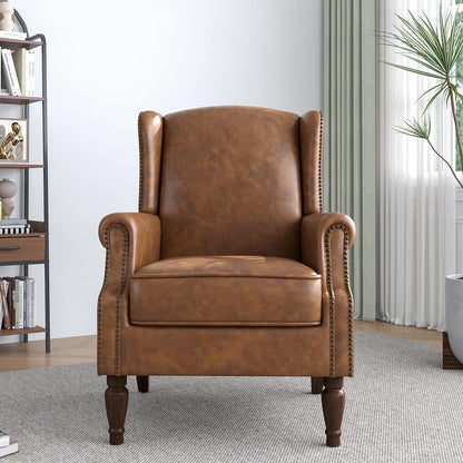 Accent Chair, Faux Leather High Back Armchair or Living Room, Comfy Upholstered Single Sofa Reading Chair with Solid Wood Legs for Office, Bedroom, Waiting Room-Brown