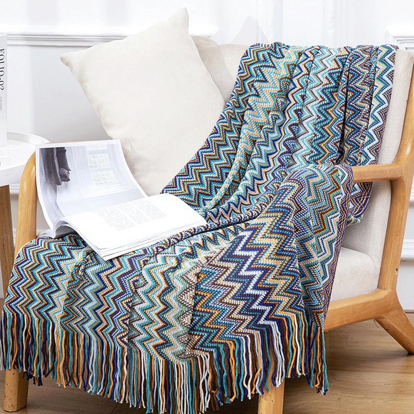 Boho Throw Blanket - Bohemian Fringe Tassels， for Bed Couch Soft ChairBlanket Double Sided (50"x70") (Blue)