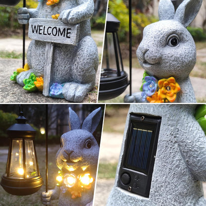 Rabbit Solar Lights Lantern Garden Statues with Succulent and 4 LED Lights - Outdoor Bunny Welcome Figurines Decorations for Patio Yard Lawn Ornaments Gifts for Birthday Easter Housewarming