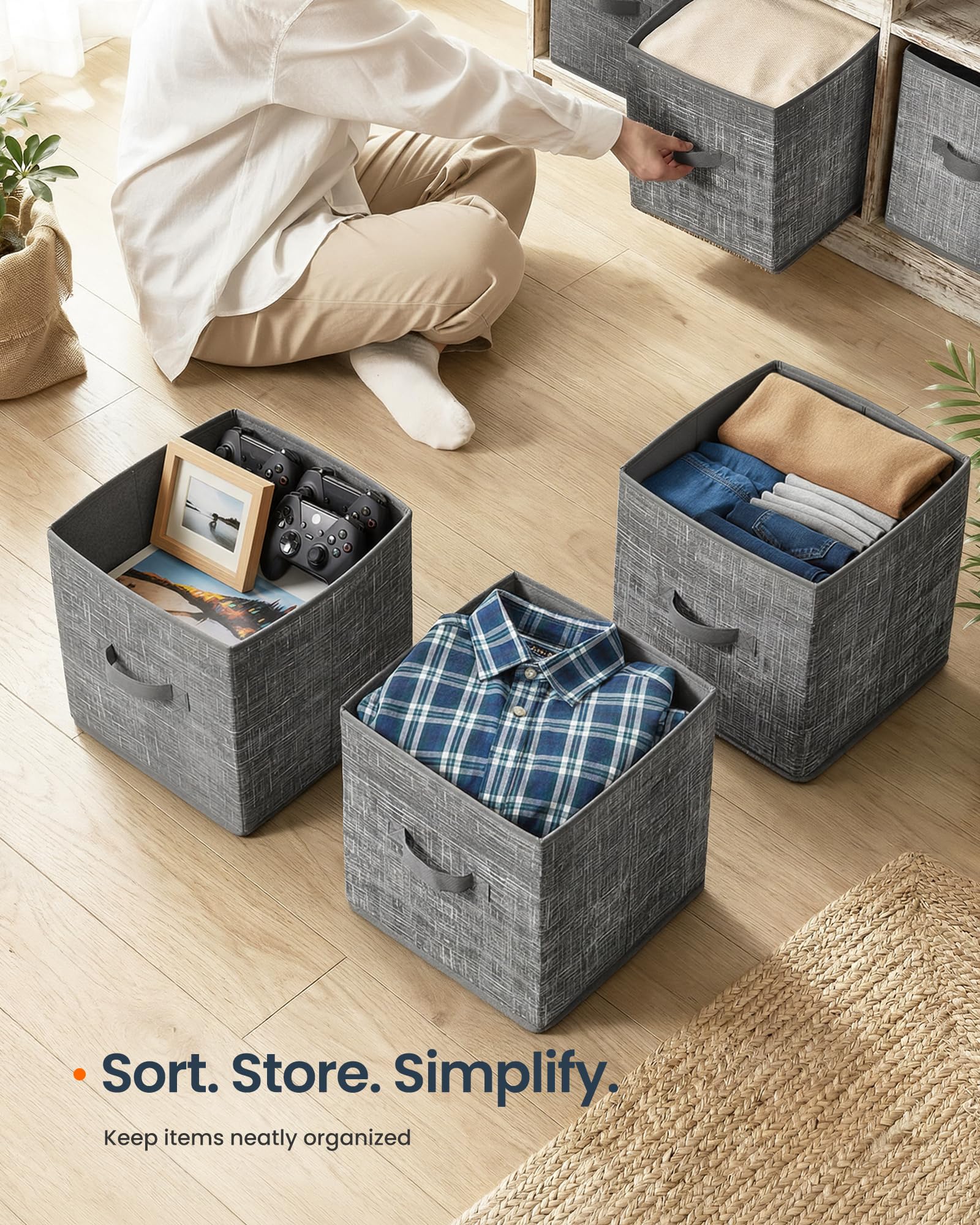SONGMICS HOME Foldable Storage Cubes Set of 8, Fabric Shelf Organizer Bins with Handles, Closet