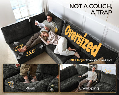 Oversized Modular Sofa Comfy Cloud Couch with Storage, Extra Deep Plush Sectional Sofa Set for Living Room, Covers Washable, Chenille, Olar (Black, 4-Seater with Ottoman, l-Shaped)