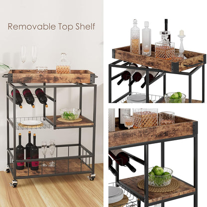 Bar Cart with Basket 3 Tiers Home Rolling Wine Rack with Wheels Mobile Kitchen Industrial Vintage Style Wood Metal Serving Trolley Serving Cart,Glass Holder Bar Cabinet